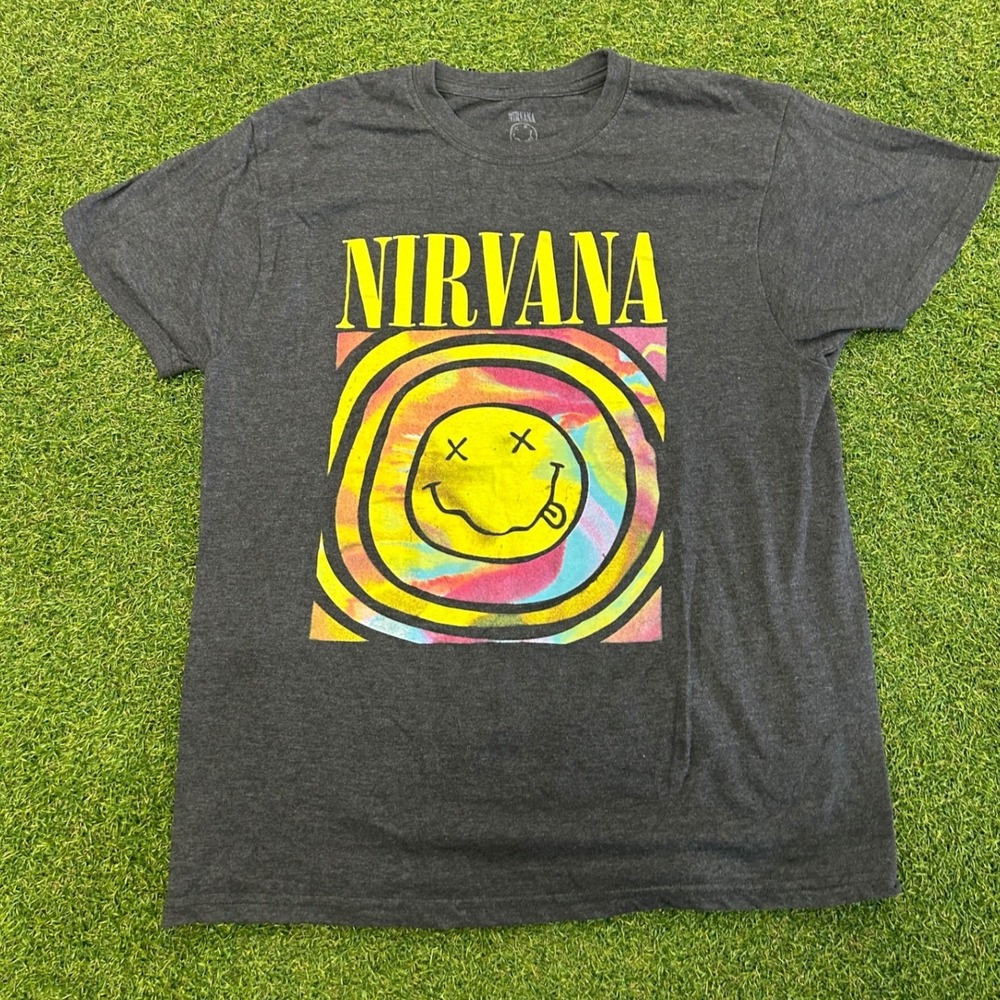 Nirvana Graphic T-Shirt Mens Large Charcoal Grey Psychedelic Smiley Face Logo